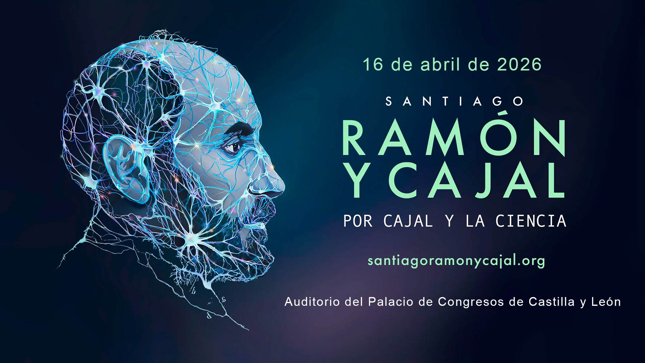 Santiago Ramón y Cajal: perfil de su cabeza formado por neuronas luminosas